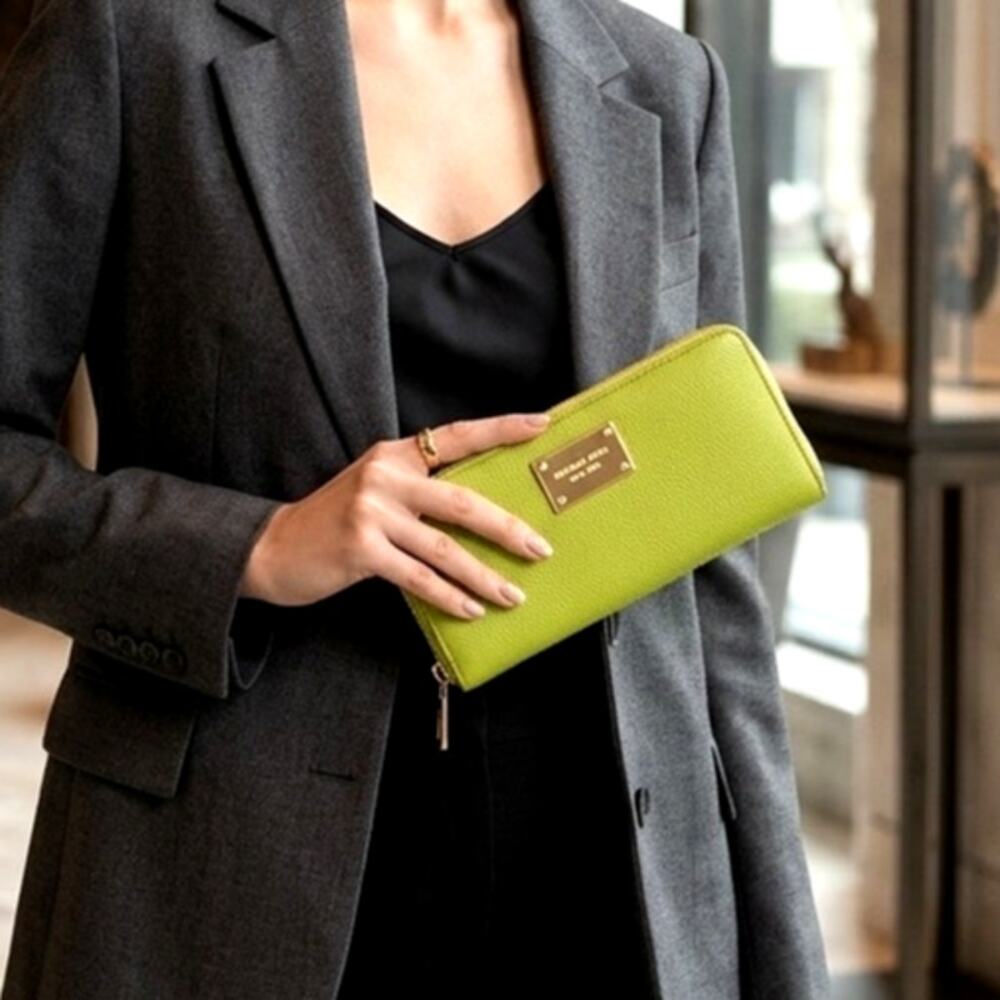 Michael Kors Jet Set Continental Wallet in a bright lime green pebbled leather